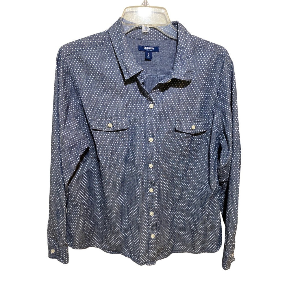 Old Navy Womens XL Blue Polka Dot Chambray Button Down Shirt Long Sleeve Cotton